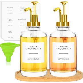 Elegant Glass Coffee Syrup Dispenser, Gold Syrup Dispenser for Elegant Decor, 2 Pack Coffee Syrup Dispenser with Labels for Organization, 16oz Syrup Dispenser for Coffee Bar, Home, and More
