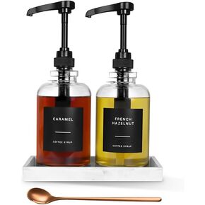 Coffee Syrup Dispenser for Coffee Bar, Glass Syrup Dispenser with Pump, Coffee Syrup Pump Dispenser Bottle with Tray, Spoon for Coffee Station, Coffee Bar Organizer, Black,16.9 oz, 500 ml