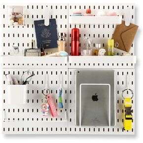 White Pegboard Wall Organizer | Craft Wall Organizer - Desk Wall Organizer- Wall Mount Display Peg Boards Panels Kits for Kitchen, Office - Bathroom - Set of 4 with 12 Different Accessories