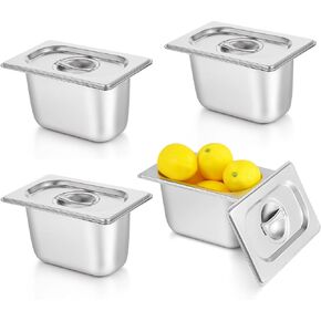 4 Pack Stainless Steam Hotel Pan with Lid, Commercial Steam Pan, Reusable Anti Rust Steam Pan Water Pan, Restaurant Warm Pan Buffet Pan for Home, Party, Restaurant, Hotel, Buffet (1/9 Size)