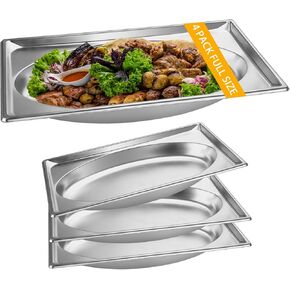 Oval Shape Steam Table Pans, Food Pan Chafing Pan，4-Pack 1/1 Full Size Stainless Steel Hotel Pan, Restaurant pans with easy cleaning for Home, Restaurant, Cafeteria, Commercial Use