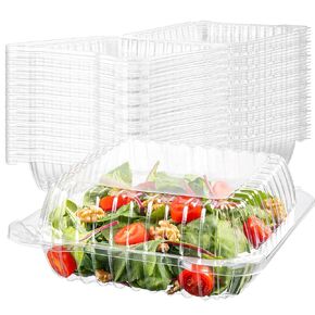 50 Clear Plastic Containers, 8" X 8" X 3" Hinged Lid Togo Containers for Food | Clamshell Food Containers for Strawberry Boxes, Bakery Supplies, Cake, Cookie, Dessert, Salad Containers, Treat Boxes