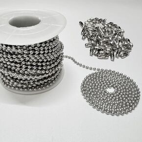 2.4mm Ball Bead Chain 50ft Stainless Steel Bead Link Chain Roll with 50pcs #3 Matching Connectors for Dog Tag Necklace, Keychain, Retention Chain