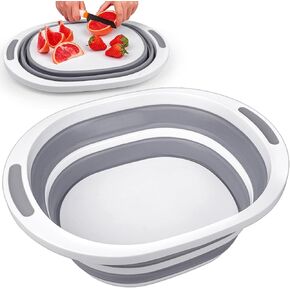 Collapsible Wash Basin, 2 Pack 7.5L Dish Tub Sink Basin Folding Dish Pans for Kitchen Sink, 2-in-1 Dishpan + Cutting Board, Tub Washing Bin Bucket for Cleaning Prep Camping Sink Dish Basin Green+Gray