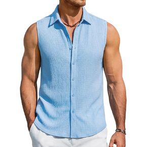 COOFANDY Men's Sleeveless Button Up Shirts Knit Summer Tank Top Casual Beach Tank Shirt Textured Tops