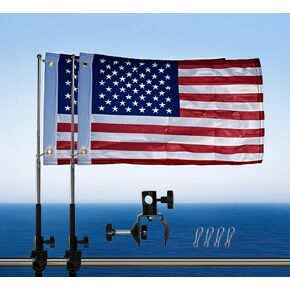 2 PCS 12''x18'' American Flag Pole Kit for Pontoon Boats - US Flag Holder with Poles and Mount for 0.5"-1.33" Round/Square Rails, Includes Replacement Flag for Kayaks, Swimmers, and Surfers