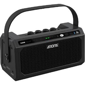 Aroma 10W Portable Rechargeable Guitar Amp, 5 Channels, Bluetooth Acoustic/Electric Mini Amplifier with Reverb, Delay, 20 Drum Patterns, LED Display, Compact Design, Black(8D x 4W x 4H Inches)