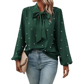 SweatyRocks Women's Pearls Bow Tie Mock Neck Long Sleeve Shirts Casual Loose Fit Blouse Top