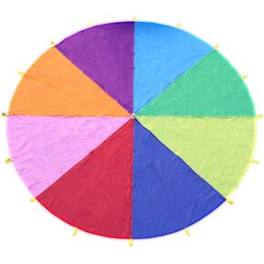 Kids Play Rainbow Parachute 6ft 10ft 12ft with 16 Handles 16ft 20ft Tent Game for Children Gymnastics Cooperative Play and Outdoor Playground Activities Birthday Gift (12ft with 16 Handles)
