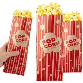 2 oz Paper Popcorn Bags Bulk (100 Pack) Large Kraft & Red Pop-corn Bag Disposable for Carnival Themed Party, Movie Night, Halloween, Popcorn Machine Accessories & Supplies, Individual Servings