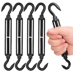 4PCS M8 Black Hook & Hook Turnbuckle, 304 Stainless Steel Adjustable Turnbuckle Wire Rope Tensioner, 450LBS Heavy Duty Turnbuckle for Cable Railing Wire Rope Hardware Kit, Sun Shade Tent Installation