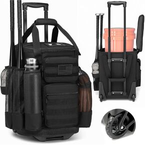 Baseball Bucket Bag with Wheels Baseball Coaching Accessories Organizer Tactical Style Softball Bucket Bag with Multiple Pockets for Bat, Gloves and Other Accessorie