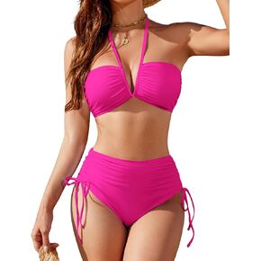 Blooming Jelly Womens High Waisted Bikini Sets Sexy Bandeau Tummy Control Swimsuits Halter Two Piece Ruched Bathing Suit