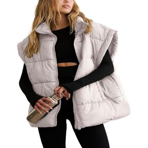 Women Oversized Puffer Vests Winter Warm Padded Lightweight Gilet Zip Up Quilted Sleeveless Vest with Pockets Beige XL
