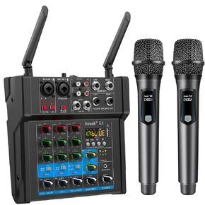 Aveek 150W x2 Powered Amplifier Audio Mixer,4 Channel With Dual Wireless Mic Sound Board Console MP3 Digital USB Bluetooth Computer Input 48V Phantom Power Stereo DJ Mixing for Karaoke Party