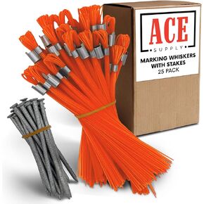 Orange Marking Whiskers With Stakes - 25 Pack - Durable Marking Whisker Set - Use Survey Whiskers As Ground Markers, Construction Markers, Or Trail Markers