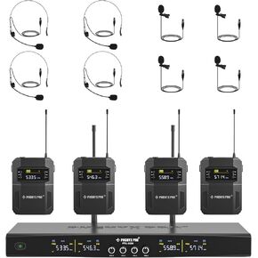 Phenyx Pro Wireless Microphone System, 4-Channel Wireless Mic Set w/ 4 Bodypacks and Headsets/Lapel Mics, 4x25 UHF Frequencies, 200ft Coverage, Cordless Microphone for Singing, Church (PTU-5200-4B)