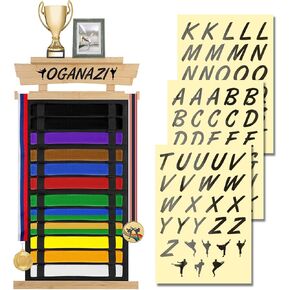 12 Belts Karate Belt Display Rack with Personalized Stickers, Taekwondo Belt Display Holder with Bamboo Trophy Rack, Felt Martial Arts Belts Display Holder for Taekwondo, Karate, BJJ Gifts