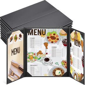 Jexine 10 Pcs Folding Model Menu Covers Holders for 8.5 x 11 Inch and 4.25 x 11 Inch, Waterproof Restaurant Menu Covers Holders, Black Leather Menu Covers for Wine List, Drinks, Cafes, Bar, Hotel