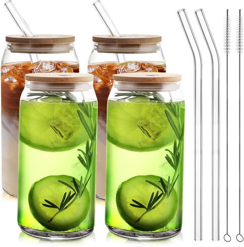 مجموعة اكواب شرب مع اغطية وماصات من هومبركينج، اكواب زجاجية على شكل علبة سعة 20 اونصة، اكواب قهوة مثلجة، اكواب لطيفة مع فرشتي تنظيف، مثالية للكوكتيل والويسكي والشاي والهدايا in Saudi Arabia