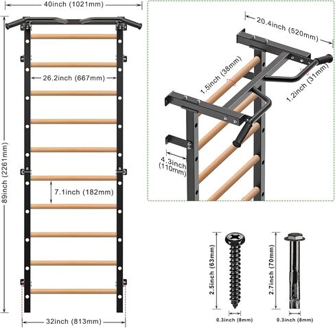 Kipika Gymnastic Stall Bar - 2"x2" Swedish Ladder with 1" Hole, Wall Mounted Pull-up Bar Ladder Suspension Trainer, Solid Wood Grips Gymnastics Training Bar for Home, Wall Gym, School in Kuwait