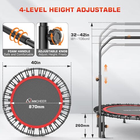 ترامبولين ارتدادي من ANCHEER للبالغين، ترامبولين صغير قابل للطي مقاس 40 بوصة مع مقبض قابل للتعديل، أقصى حمولة 450 رطل، ثابت وقوي للتمرين الداخلي (أحمر كلاسيكي) in Kuwait