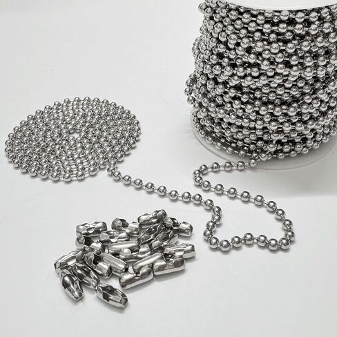 2.4mm Ball Bead Chain 50ft Stainless Steel Bead Link Chain Roll with 50pcs #3 Matching Connectors for Dog Tag Necklace, Keychain, Retention Chain in Saudi Arabia