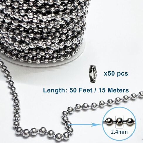 2.4mm Ball Bead Chain 50ft Stainless Steel Bead Link Chain Roll with 50pcs #3 Matching Connectors for Dog Tag Necklace, Keychain, Retention Chain in Saudi Arabia