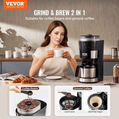 VEVOR Coffee Maker with Grinder, 8 Cup Programmable Coffee Machine, Grind and Brew Coffee Maker with 3 Brew Strength Control, Reusable Filter, Removable Water Tank, for Home Office Restaurant in Saudi Arabia