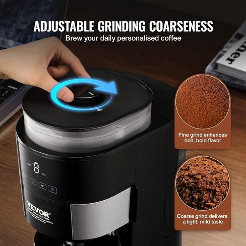 VEVOR Coffee Maker with Grinder, 8 Cup Programmable Coffee Machine, Grind and Brew Coffee Maker with 3 Brew Strength Control, Reusable Filter, Removable Water Tank, for Home Office Restaurant in Saudi Arabia
