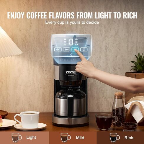 VEVOR Coffee Maker with Grinder, 8 Cup Programmable Coffee Machine, Grind and Brew Coffee Maker with 3 Brew Strength Control, Reusable Filter, Removable Water Tank, for Home Office Restaurant in Saudi Arabia