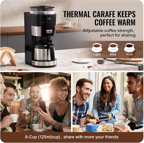 VEVOR Coffee Maker with Grinder, 8 Cup Programmable Coffee Machine, Grind and Brew Coffee Maker with 3 Brew Strength Control, Reusable Filter, Removable Water Tank, for Home Office Restaurant in Saudi Arabia