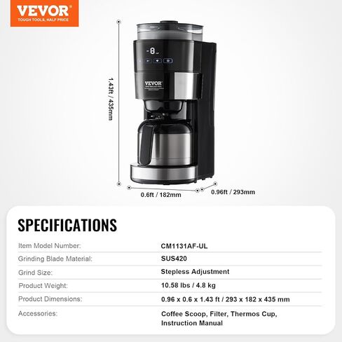 VEVOR Coffee Maker with Grinder, 8 Cup Programmable Coffee Machine, Grind and Brew Coffee Maker with 3 Brew Strength Control, Reusable Filter, Removable Water Tank, for Home Office Restaurant in Saudi Arabia