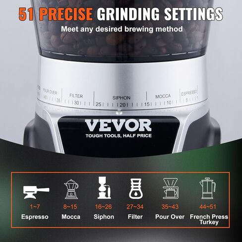 VEVOR Coffee Maker with Grinder, 8 Cup Programmable Coffee Machine, Grind and Brew Coffee Maker with 3 Brew Strength Control, Reusable Filter, Removable Water Tank, for Home Office Restaurant in Saudi Arabia