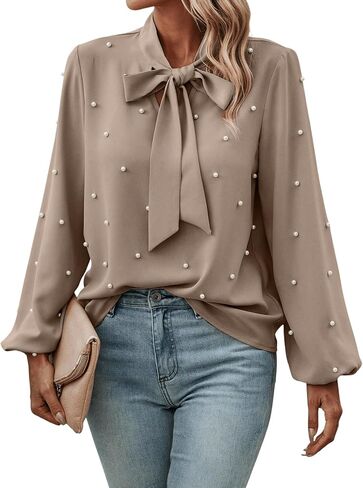 SweatyRocks Women's Pearls Bow Tie Mock Neck Long Sleeve Shirts Casual Loose Fit Blouse Top in Saudi Arabia