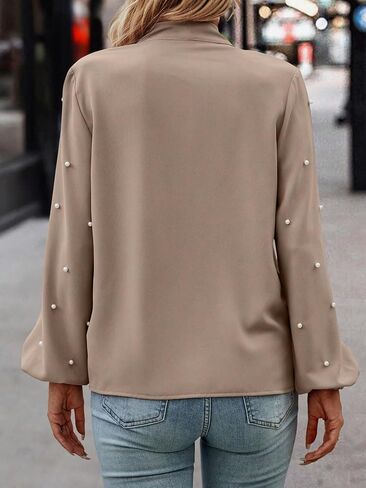 SweatyRocks Women's Pearls Bow Tie Mock Neck Long Sleeve Shirts Casual Loose Fit Blouse Top in Saudi Arabia