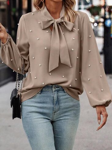 SweatyRocks Women's Pearls Bow Tie Mock Neck Long Sleeve Shirts Casual Loose Fit Blouse Top in Saudi Arabia