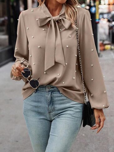 SweatyRocks Women's Pearls Bow Tie Mock Neck Long Sleeve Shirts Casual Loose Fit Blouse Top in Saudi Arabia