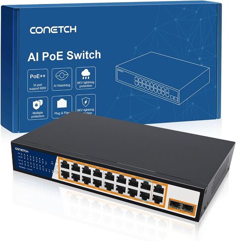 10 Port PoE Switch (6 PoE+ Ports, 2 PoE++ Ports@60W, 2 Uplink Ports), 1000Mbps, IEEE802.3af/at/bt, 120W High Power Output, AI Watchdog, Plug & Play, 6KV Lightning Protection in Saudi Arabia