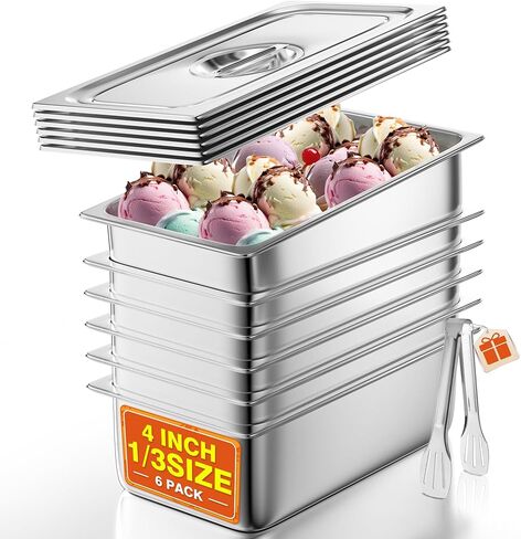 WantJoin مقالي طاولة بخار بحجم 1/3 مع غطاء، 6 عبوات من مقالي طاولة بخار للمطاعم بعمق 4 بوصة، مقلاة فندقية مصنوعة من الفولاذ المقاوم للصدأ مقاس 201 in Kuwait
