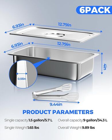 WantJoin مقالي طاولة بخار بحجم 1/3 مع غطاء، 6 عبوات من مقالي طاولة بخار للمطاعم بعمق 4 بوصة، مقلاة فندقية مصنوعة من الفولاذ المقاوم للصدأ مقاس 201 in Kuwait