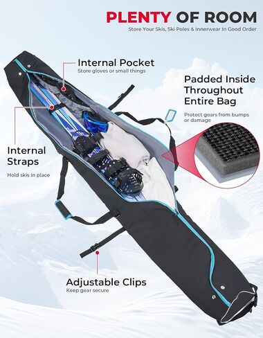 KEMIMOTO Ski Bag, 360° Fully Padded Ski Bag, Fit Skis Up to 78.74 inches (200cm), Water-resistant and Durable Perfect for Road Trips and Air Travel Transport in Saudi Arabia