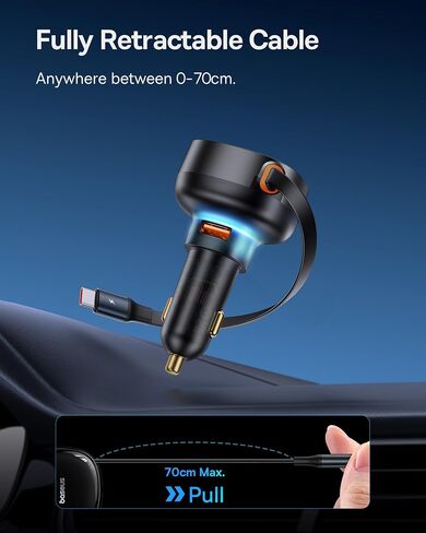 Baseus USB C Car Charger, 60W Retractable Car Charger, Dual Fast Charging, Compatible with iPhone 15/14/13/12 Pro Max, Plus, Samsung Galaxy S23/S22/S21 Ultra, Google Pixel and More in Saudi Arabia