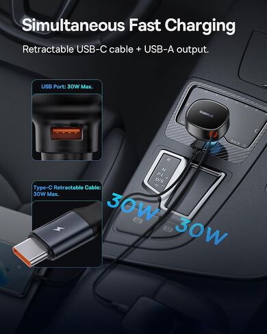 Baseus USB C Car Charger, 60W Retractable Car Charger, Dual Fast Charging, Compatible with iPhone 15/14/13/12 Pro Max, Plus, Samsung Galaxy S23/S22/S21 Ultra, Google Pixel and More in Saudi Arabia