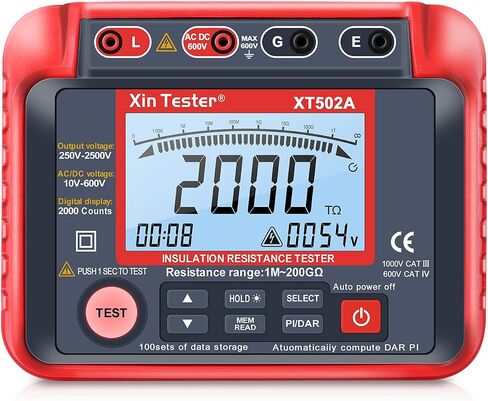 Xin Tester 1000V AC DC Insulation Resistance Tester, 2000 Counts 50V/100V/250V/500V Megohmmeter 10GΩ High Voltage Auto Ranging Auto Earth Grounding Resistance Meter with LCD Display, XT501A in Kuwait