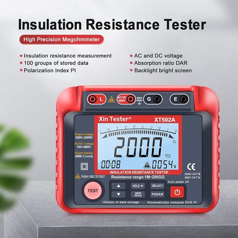 Xin Tester 1000V AC DC Insulation Resistance Tester, 2000 Counts 50V/100V/250V/500V Megohmmeter 10GΩ High Voltage Auto Ranging Auto Earth Grounding Resistance Meter with LCD Display, XT501A in Kuwait