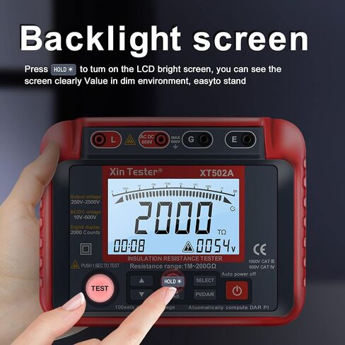 Xin Tester 1000V AC DC Insulation Resistance Tester, 2000 Counts 50V/100V/250V/500V Megohmmeter 10GΩ High Voltage Auto Ranging Auto Earth Grounding Resistance Meter with LCD Display, XT501A in Kuwait