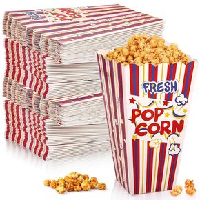 100 Packs Popcorn Box, 46 Oz Open Top Popcorn Bucket Containers, Bulk Colorful Stripe Square Popcorn Bowls for Party, Disposable Paper Treat Snack Box for Movie Night Decorations
