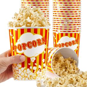 32 Oz Popcorn Buckets, Disposable Popcorn Containers (25 Count), Large Cups, Cardboard Bucket for Family Movie Night, Popcorn Tub, Vintage Bowls for Concession Stand, Carnival Supplies