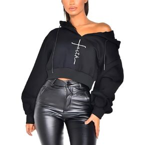 Women's Thick Sports Hoodie, Pullover Hoodie, Crop, Faith Letter Embroidered Hoodie